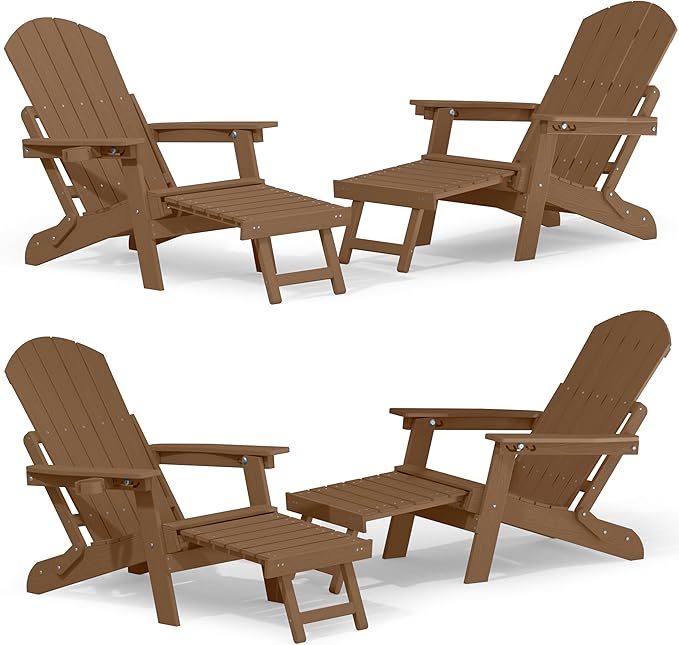 YEFU Adjustable Adirondack Chair with Footrest Set of 4, 5-Level Adjustable Adirondack Chair with Retractable Ottoman& Cup Holder, Folding Adirondacks Chairs Use for Outdoor, Pool, Fire Pit