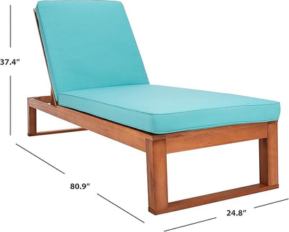 SAFAVIEH Outdoor Collection Solano Natural Brown Solid Wood/Aqua Blue Cushion Patio Adjustable Chaise Lounge Chair (PAT7024Q)