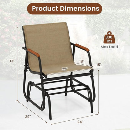 Tangkula Patio Glider Chair, Swing Gliding Armchair w/Curved Teak Armrests & Breathable Fabric Seat, Outdoor Metal Frame Rocking Chair Set for Porch, Backyard, Poolside (1 Pack)