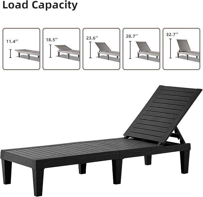 HOOYEAH Outdoor Chaise Lounge 2PCS, Adjustable Pool Lounge Chair with 5 Positions Backrest, Waterproof Sun Loungers, Durable Chair for Pool Beach Patio Garden Deck Sunbathing,Black