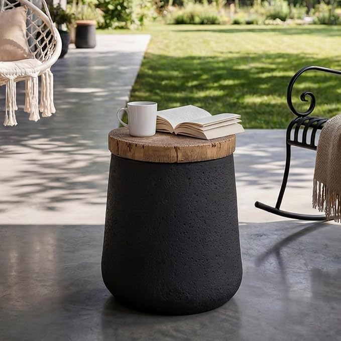SUNBURY Small Outdoor Side Table, 13" W Black Outdoor End Tables for Patio, Accent Side Table, Garden Stool Wooden-Look Top Concrete for Livingroom Bedroom, Garden, Backyard