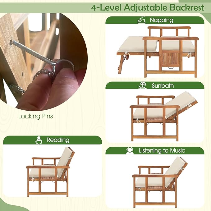 LDAILY Moccha Acacia Wood Outdoor Daybed - Wooden Loveseat Sofa with 4-Level Backrest, Storage Ottoman, Cushions - Photo 5
