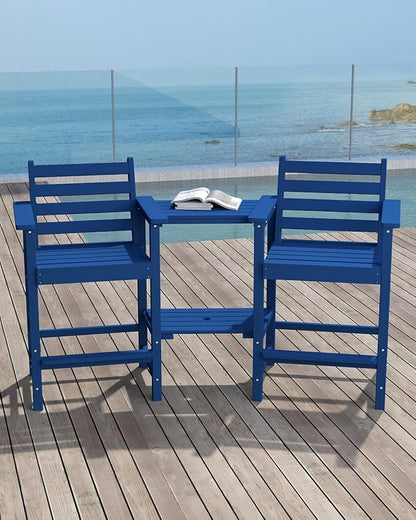 Tall HDPE Adirondack Bar Chairs Set of 2, Outdoor Balcony Bar-Height Chairs with Extra-Large Side Trays & 2" Umbrella Hole, All-Weather Patio Stools for Porch, Deck, Garden (Navy Blue, 2chair)