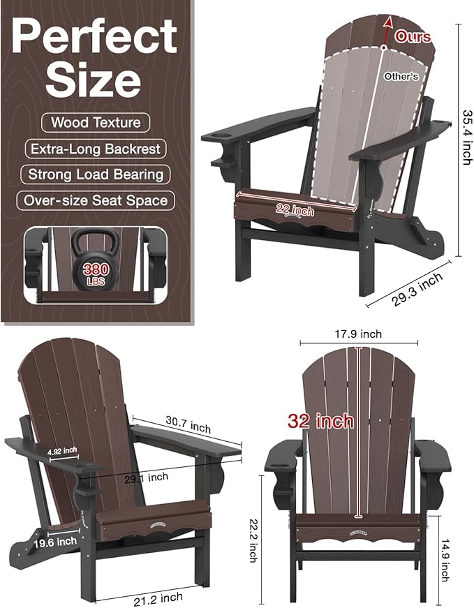 Folding Adirondack Chair –Recyclable HDPE Outdoor Adirondack Patio Chair with Cup Holder, Wood Texture & Umbrella Hole - Photo 2