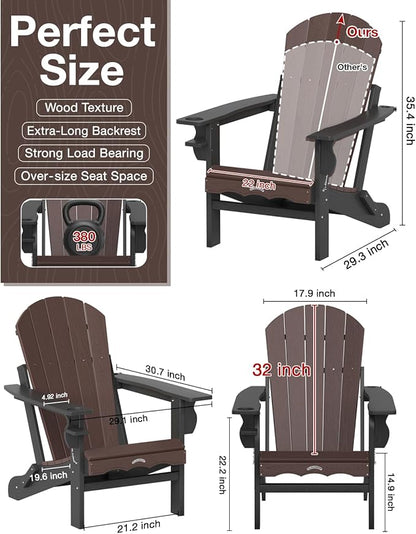Folding Adirondack Chair –Recyclable HDPE Outdoor Adirondack Patio Chair with Cup Holder, Wood Texture & Umbrella Hole, 25-Year Fade-Free All Weather for Fire Pit, Porch, Poolside, Deck, Brown & Black