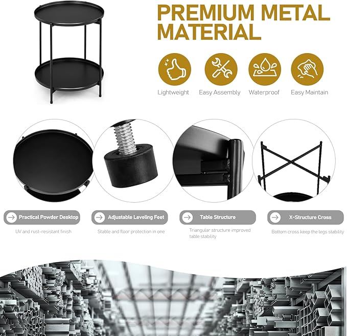 Outvita 2 Tier End Table, Metal Side Table with Removable Tray Indoor and Outdoor,Small Waterproof Accent Table for Bedroom Balcony Patio Living Room and Office (Black)