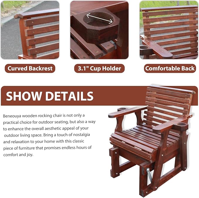 Outdoor Glider Chair,2-Seater Wooden Glider Patio Furniture Set with Table, Cupholder, High Back and Deep Contoured Seater, for Porch, Patio and Balcony, Dark Brown