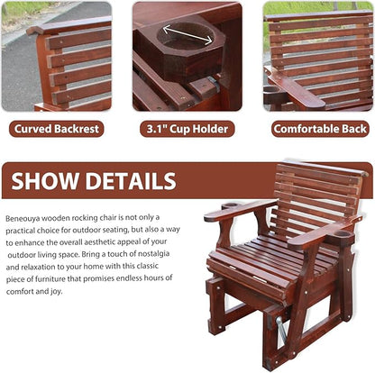 Outdoor Glider Chair,2-Seater Wooden Glider Patio Furniture Set with Table, Cupholder, High Back and Deep Contoured Seater, for Porch, Patio and Balcony, Dark Brown