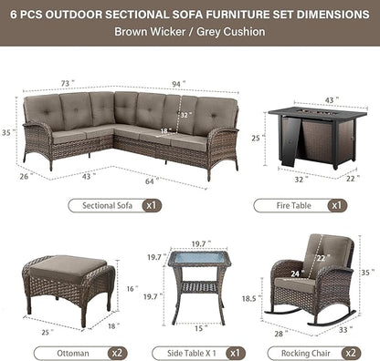 Belord 8 Pieces Patio Conversation Set with 43” Propane Fire Pit Table, Outdoor Sectional Furniture Sofa Set with Removable Gray Cushions for Patio Deck Backyard Brown