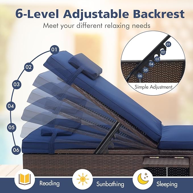 Tangkula Patio Chaise Lounge, Outdoor Rattan Lounge Chair w/ 6-Level Backrest, Comfy Seat Cushion & Headrest, Sturdy Metal Frame, Outside Reclining Chair for Backyard, Poolside (1, Navy)