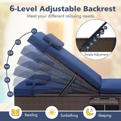 Tangkula Patio Chaise Lounge, Outdoor Rattan Lounge Chair w/ 6-Level Backrest, Comfy Seat Cushion & Headrest, Sturdy Metal Frame, Outside Reclining Chair for Backyard, Poolside (1, Navy)