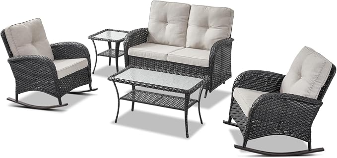 Belord 5 Piece Outdoor Conversation Patio Furniture Set - All-Weather Wicker Patio Rocking Chairs with Loveseat Glider - Photo 2