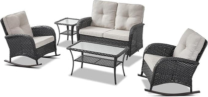 Belord 5 Piece Outdoor Conversation Patio Furniture Set - All-Weather Wicker Patio Rocking Chairs with Loveseat Glider Chair and Coffee Table for Patio Deck Porch Backyard Black Wicker