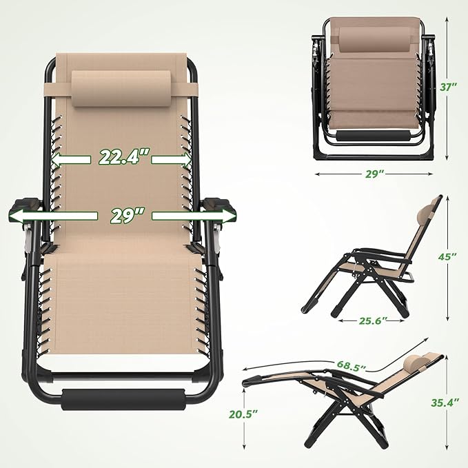 ZENPETIO 29In XL Zero Gravity Chair w/Cushion, Zero Gravity Recliner Lounge Chair for Indoor and Outdoor - Photo 3