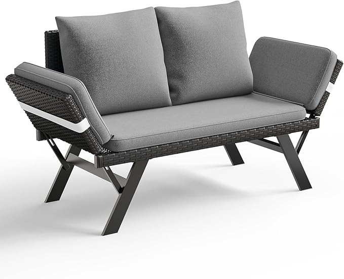 TAVATA Outdoor Convertible Sofa, PE Woven Rattan Patio Loveseat with Adjustable Armrests & Removable Cushions, Outdoor Daybed or Balcony Couch with 2 Pillows for Patio, Porch, Poolside (Grey)