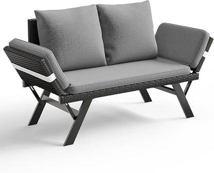 TAVATA Outdoor Convertible Sofa, PE Woven Rattan Patio Loveseat with Adjustable Armrests & Removable Cushions, Outdoor Daybed or Balcony Couch with 2 Pillows for Patio, Porch, Poolside (Grey)