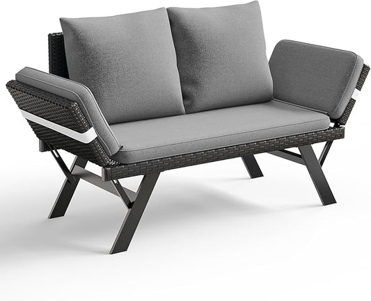 TAVATA Outdoor Convertible Sofa, PE Woven Rattan Patio Loveseat with Adjustable Armrests & Removable Cushions, Outdoor Daybed or Balcony Couch with 2 Pillows for Patio, Porch, Poolside (Grey)