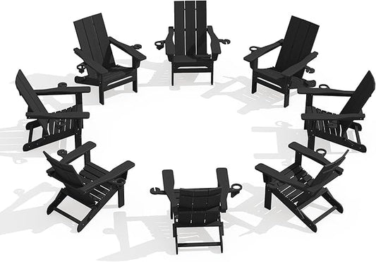 SERWALL Folding Adirondack Chairs with Cup Holders Set of 8, Folding Modern Adirondack Chair, HDPE Outdoor Adirondack Chair for All Weather Using, Black