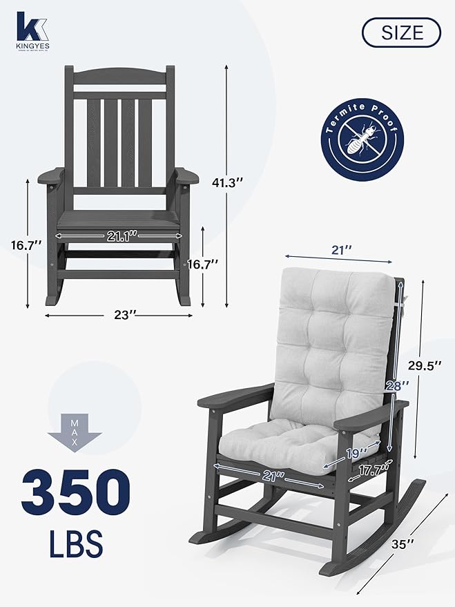 KINGYES Oversized Outdoor Rocking Chair with Cushion, All-Weather Patio Rocking Chairs, HDPE Porch Rocker for Adults, 350 lbs Capacity, Grey Chair with Grey Cushion