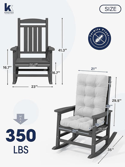 KINGYES Oversized Outdoor Rocking Chair with Cushion, All-Weather Patio Rocking Chairs, HDPE Porch Rocker for Adults, 350 lbs Capacity, Grey Chair with Grey Cushion
