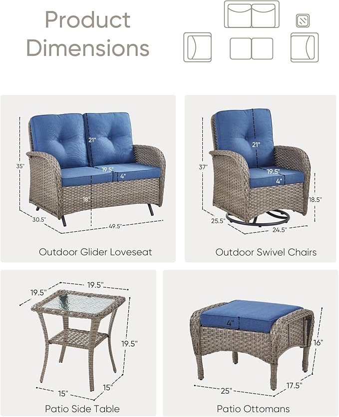 6 Pieces Patio Wicker Furniture Set-Outdoor Swivel Chairs Set of 2 Outdoor Glider Love seat with Outdoor Footstool Patio Furniture for Deck Porch Garden Balcony Poolside-Grey/Blue