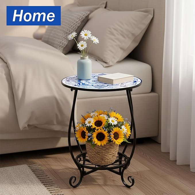 Mosaic Outdoor Side Table - Round Small Flower Patio Accent with Plant Stand, 14" Tea Coffee Metal Outside End Table for Balcony Garden Yard Patio Porch Indoor Living Room Bedroom Decor