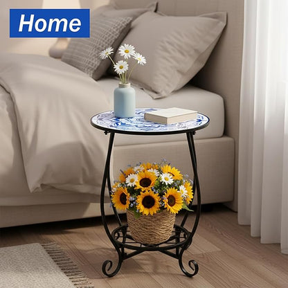 Mosaic Outdoor Side Table - Round Small Flower Patio Accent with Plant Stand, 14" Tea Coffee Metal Outside End Table for Balcony Garden Yard Patio Porch Indoor Living Room Bedroom Decor