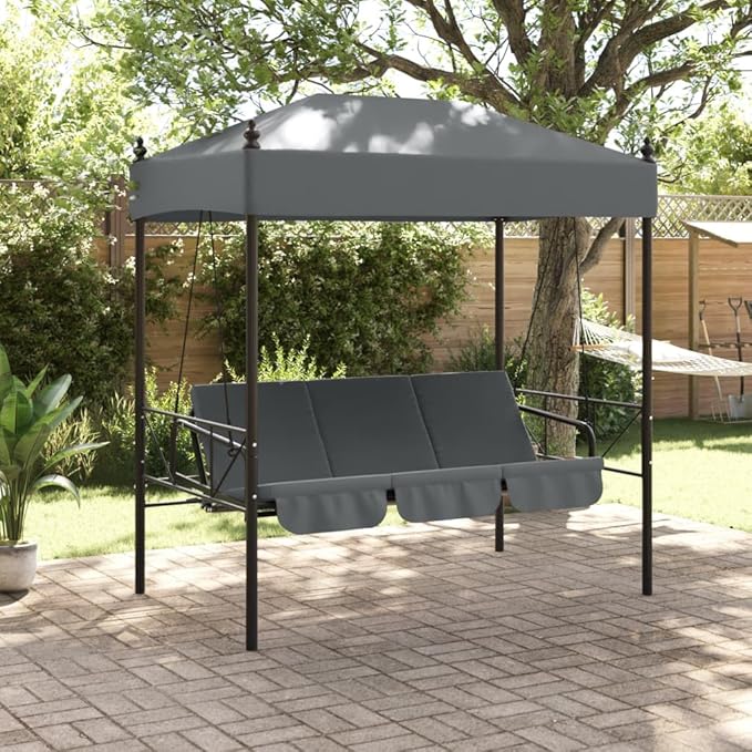 Outdoor Garden Swing Bench with Canopy and Cushions, 3-Seater Patio Swing Bed, Durable Powder-Coated Steel Frame - Photo 3