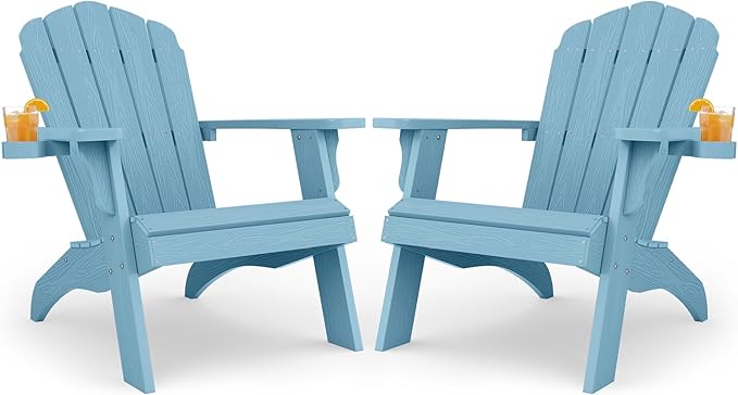 Oversized Plastic Adirondack Chair Set of 2 with Cup-Holder (Large Dual-Purpose), Weather Resistant, Poly Lumber Outdoor Chairs Duty Rating Widely Used in Patio, Lawn, Outside, Deck, Garden Chair-Blue