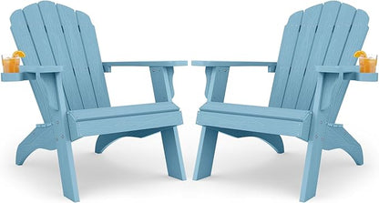 Oversized Plastic Adirondack Chair Set of 2 with Cup-Holder (Large Dual-Purpose), Weather Resistant, Poly Lumber Outdoor Chairs Duty Rating Widely Used in Patio, Lawn, Outside, Deck, Garden Chair-Blue