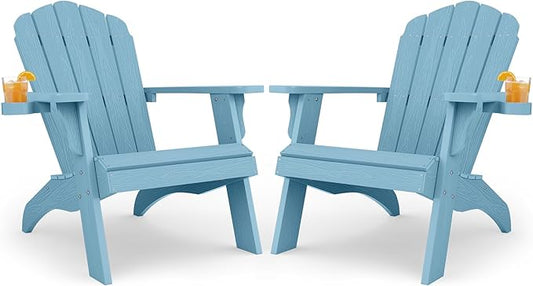 Oversized Plastic Adirondack Chair Set of 2 with Cup-Holder (Large Dual-Purpose), Weather Resistant, Poly Lumber Outdoor Chairs Duty Rating Widely Used in Patio, Lawn, Outside, Deck, Garden Chair-Blue