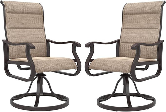 Amopatio Padded Patio Swivel Chairs Set of 2, Outdoor Dining Chairs with Ultra Soft Textilene High Back Seat & Metal Rocker Frame, for Backyard Deck Lawn, Brown