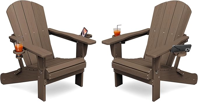 KINGYES Folding Adirondack Chair Set of 2, Dual Cup Holders & All-Weather HDPE, Wood-Like Patio Chair for Backyard, Camping, Pool & Fire Pit, Coffee