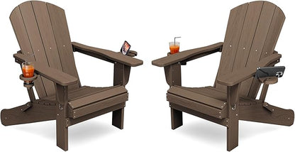 KINGYES Folding Adirondack Chair Set of 2, Dual Cup Holders & All-Weather HDPE, Wood-Like Patio Chair for Backyard, Camping, Pool & Fire Pit, Coffee