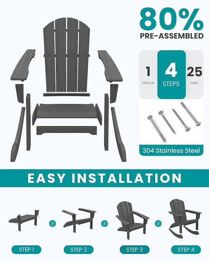 SERWALL Outdoor Adirondack Rocking Chairs Set of 4, All-Weather HDPE Adirondack Rocker Chair, Front Porch Rocker Chairs for Patio Lawn Porch Deck, Grey