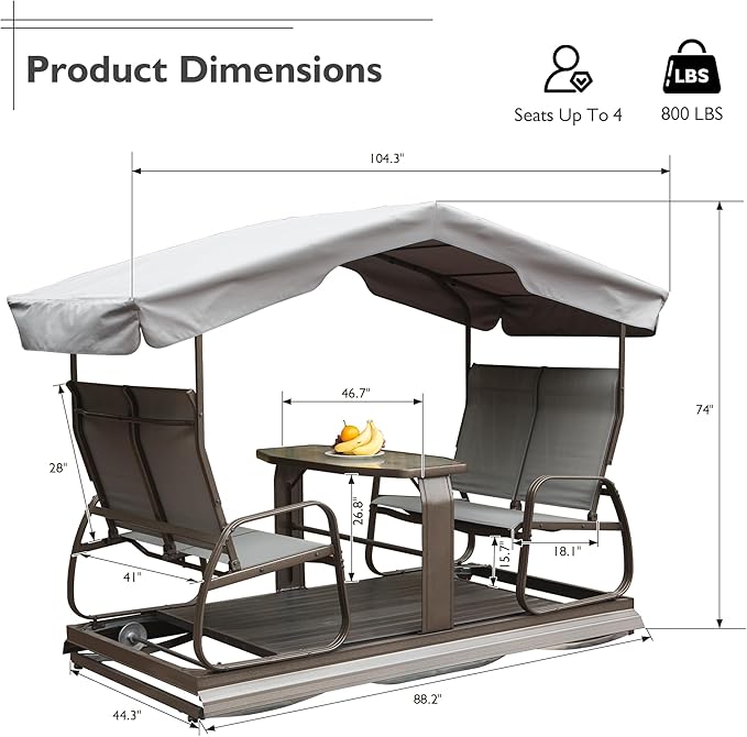 Domi 4-Seat Outdoor Glider Bench with Canopy, 800lbs Capacity Aluminum Rocking Chair with Zippered Mesh & Tempered Glass Table, Heavy Duty Outdoor Swing Chair for Patio, Backyard, Poolside
