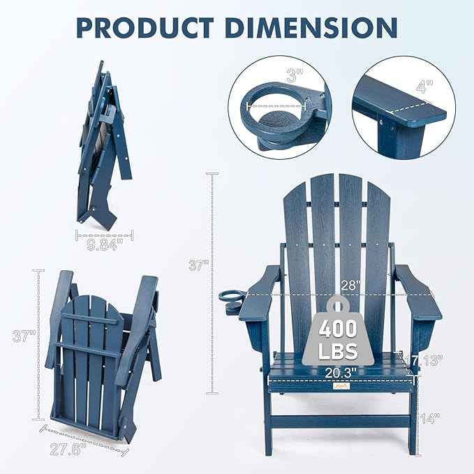 Folding Adirondack Chair, All Weather Stable Gun-Leg Design Fire Pit Chairs with Cupholder for Outside