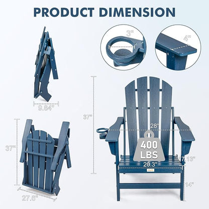 Folding Adirondack Chairs Set of 4, All Weather Stable Gun-Leg Design Fire Pit Chairs with Cupholder for Outside