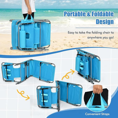Goplus Tanning Chair, Folding Adjustable Patio Lounge Chair with Face Hole, Removable Pillow, 330LBS, Carry Strap, Outdoor Sunbathing Chair, Lightweight Portable Beach Lounge Chair, No Assembly