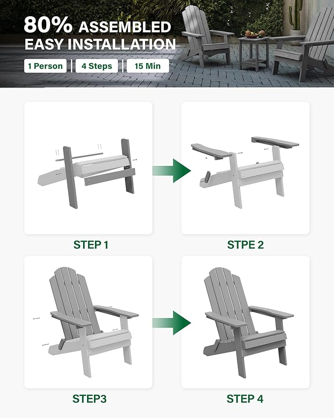 MXIMU Folding Adirondack Chair for Outdoor: Easy to Assemble and Comfortable Adirondack Chairs Set of 8 - All Weather Composite Plastic Chair for Outside Fire Pit Patio Lawn Garden Backyard Use(Grey)