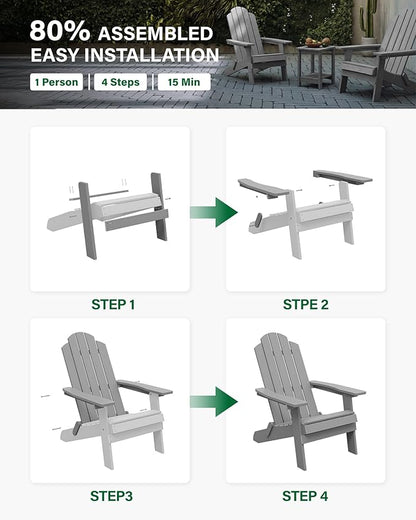 MXIMU Folding Adirondack Chair for Outdoor: Easy to Assemble and Comfortable Adirondack Chairs Set of 8 - All Weather Composite Plastic Chair for Outside Fire Pit Patio Lawn Garden Backyard Use(Grey)
