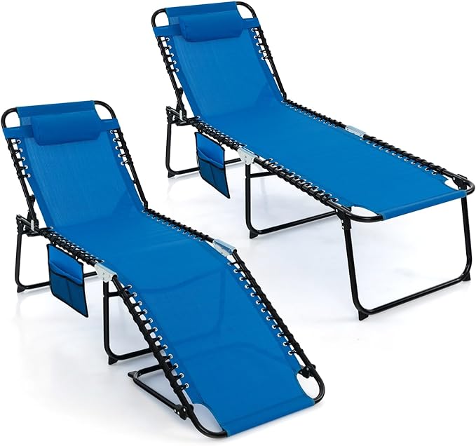 Goplus Chaise Lounge Chair, Outdoor Folding 5-Postion Beach Lounge Chair with Detachable Pillow, Side Pocket, Adjustable Tanning Chair for Patio Lawn Pool Yard