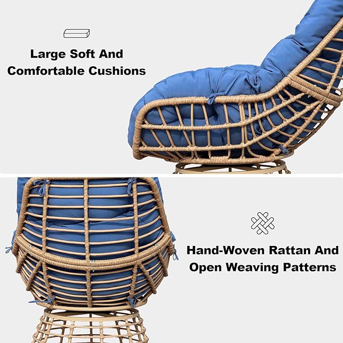 Swivel Chairs for Outside Patio Set of 3, 360 Degree Swivel Pe Wicker Luxury Lounger Chair with 20" Side Table - Photo 6