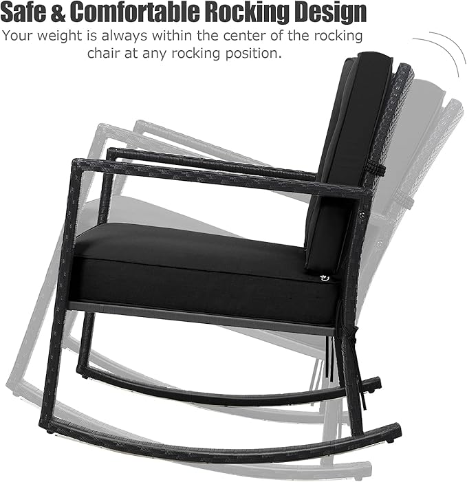 Tangkula Wicker Rocking Chair, Outdoor Glider Rattan Rocker Chair with Heavy-Duty Steel Frame, Patio Wicker Furniture Seat with 5” Thick Cushion for Garden, Porch, Backyard, Poolside (1, Black)