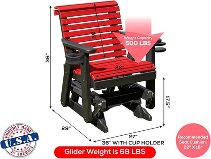 Amish Craftsmanship Made in USA 2FT Heavy Duty Poly Lumber Wood Porch Patio Glider HDPE with No Wood fibers Lancaster Series Rollback Design 500 lbs Limit with Cupholders Red on Black