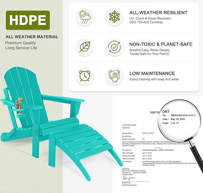 Adirondack Chair with Ottoman | Folding | Outdoor Patio Chair with Removable Footrest | HDPE Plastic All-Weather Resistant | Cup Holder | for Backyard and Garden | Turquoise
