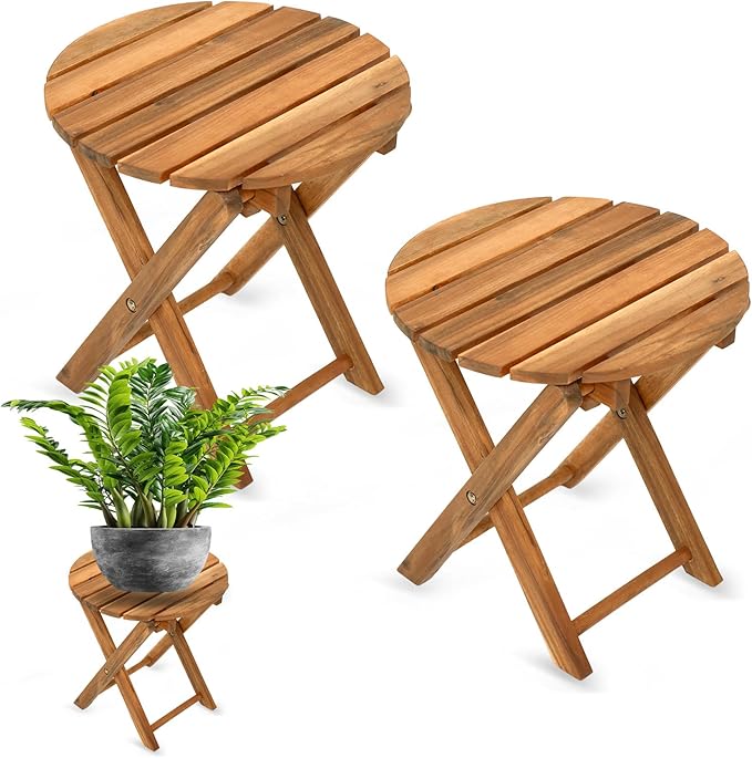 Pack of 2 Small Folding Table, Portable Acacia Wood Side Table for Patio, Porch, Balcony, Indoor Plant Stand, Natural, 13 inches Height