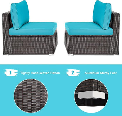 DORTALA 2 Piece Wicker Sectional Armless Chairs, Outdoor Rattan Sectional Sofa Set w/Cushions for Seat and Back, Additional Seats for Garden Balcony Patio Poolside, Turquoise