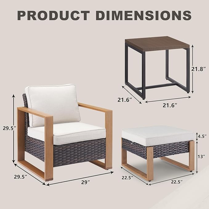 Rilyson Outdoor Wicker Patio Furniture Set - 5 Piece Patio Conversation Set with 2 Wicker Armrest Chairs,2 Rattan Ottoman, 1 Side Table, Sturdy Frame, Thick Cushions, Deep Seating(Brown/Beige)