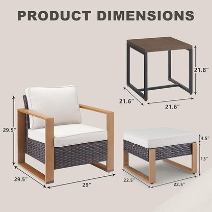 Rilyson Outdoor Wicker Patio Furniture Set - 5 Piece Patio Conversation Set with 2 Wicker Armrest Chairs,2 Rattan Ottoman, 1 Side Table, Sturdy Frame, Thick Cushions, Deep Seating(Brown/Beige)